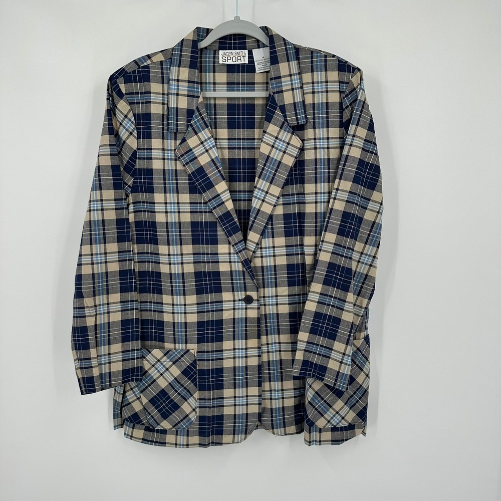 Women Vintage Preppy Plaid Blazer Size 16 Jacket Academia Traditional Cotton 90s